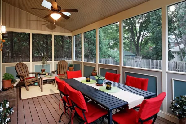 festive screened porch outdoor table and chairs