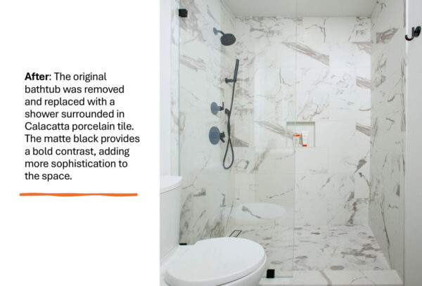 gorgeous new calacatta porcelain tile in shower.